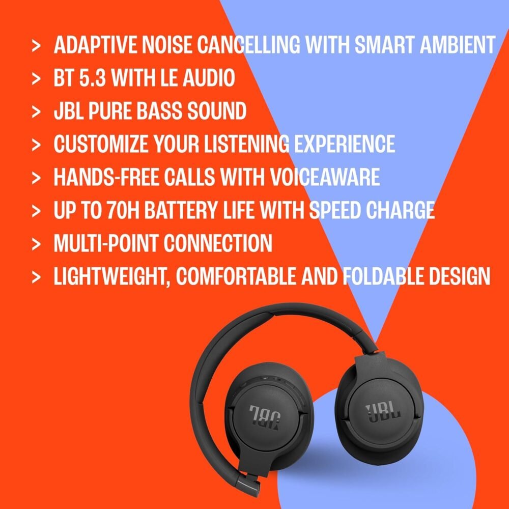 JBL Tune 770NC - Adaptive Noise Cancelling with Smart Ambient Wireless Over-Ear Headphones, Bluetooth 5.3, Up to 70H Battery Life with Speed Charge, Lightweight (Black) (Renewed) - Image 7