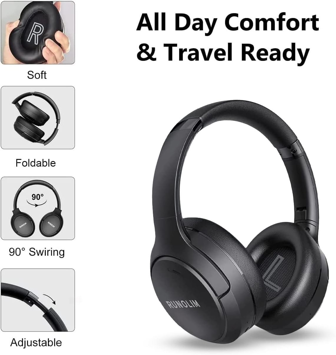 RUNOLIM Hybrid Active Noise Cancelling Headphones, Wireless Over Ear Bluetooth Headphones with Microphone, 70H Playtime, Foldable Headphones with HiFi Audio, Deep Bass for Home Travel Office - Image 5