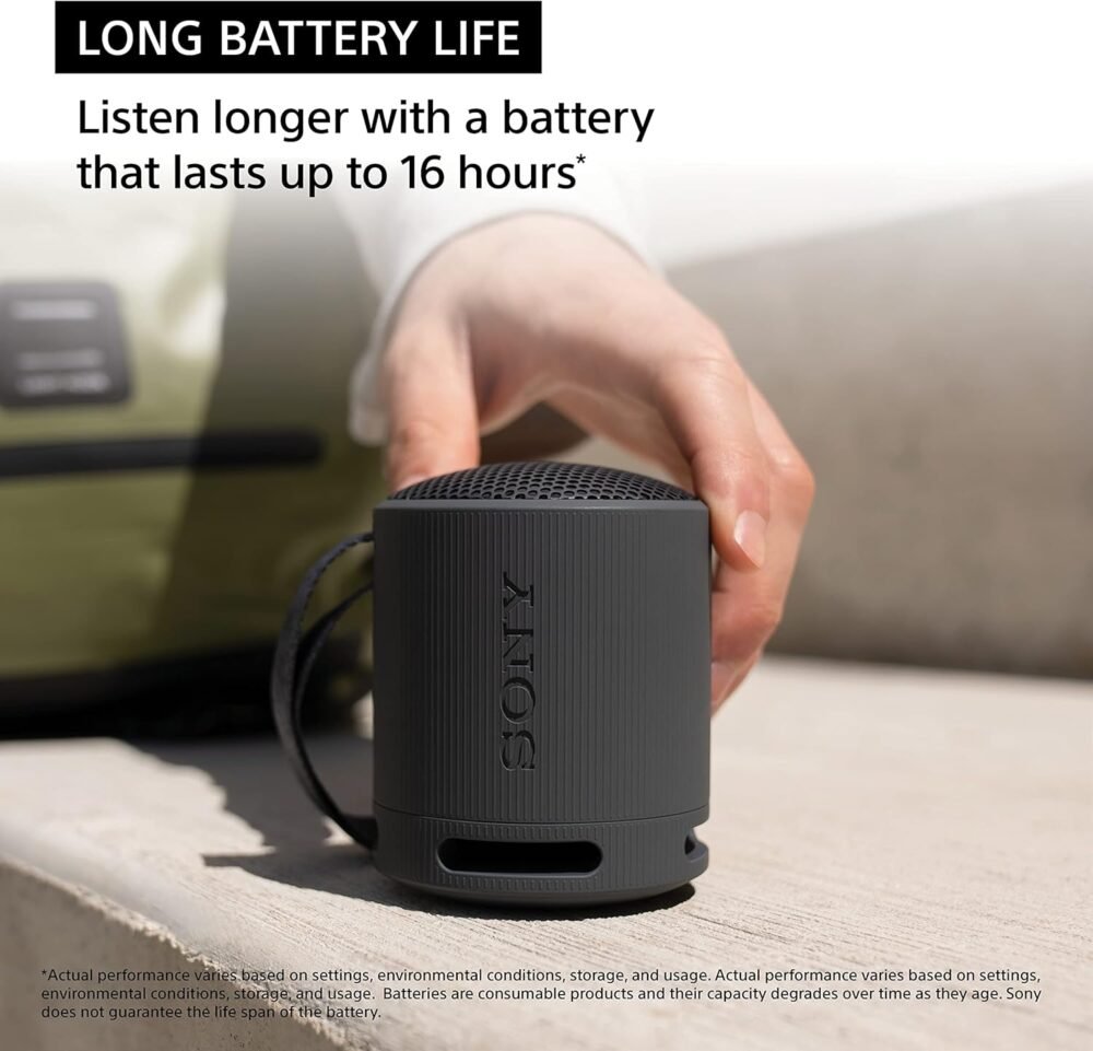 Sony SRS-XB100 Wireless Bluetooth Portable Lightweight Super-Compact Travel Speaker, Durable IP67 Waterproof & Dustproof Shower Speaker, 16 Hour Battery, Versatile Strap, & Hands-free Calling, Black - Image 7
