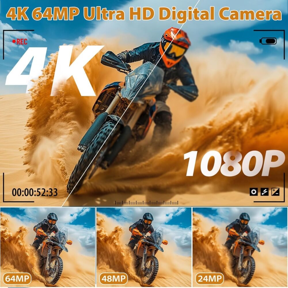 Cameras for Photography, 4K 64MP Digital Vlogging Camera for YouTube with 3" 180° Flip Screen, Compact WiFi Camera with 18X Digital Zoom, 32GB Micro SD Card & 2 Batteries - Image 3