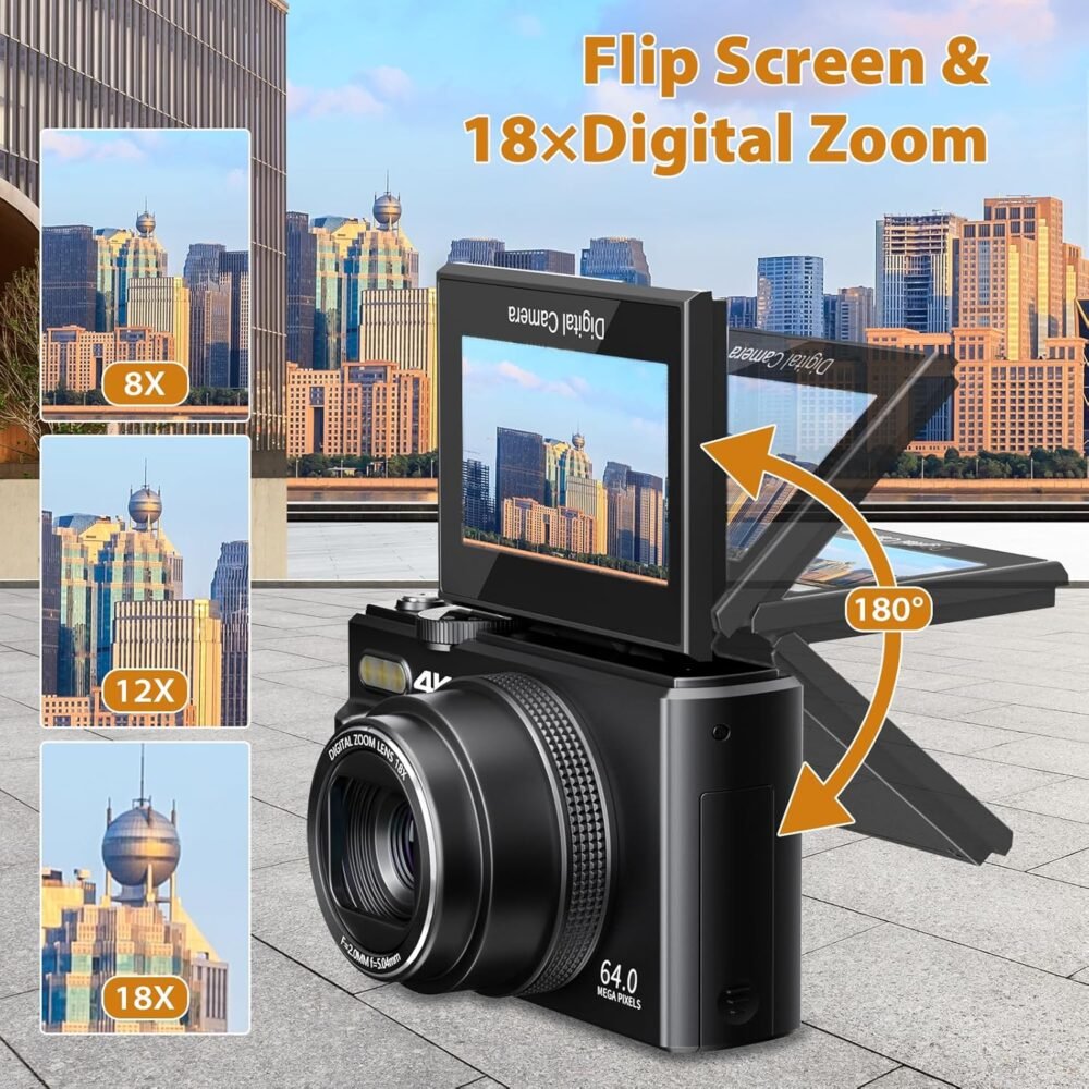 Cameras for Photography, 4K 64MP Digital Vlogging Camera for YouTube with 3" 180° Flip Screen, Compact WiFi Camera with 18X Digital Zoom, 32GB Micro SD Card & 2 Batteries - Image 5