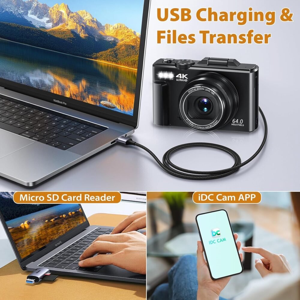 Cameras for Photography, 4K 64MP Digital Vlogging Camera for YouTube with 3" 180° Flip Screen, Compact WiFi Camera with 18X Digital Zoom, 32GB Micro SD Card & 2 Batteries - Image 7