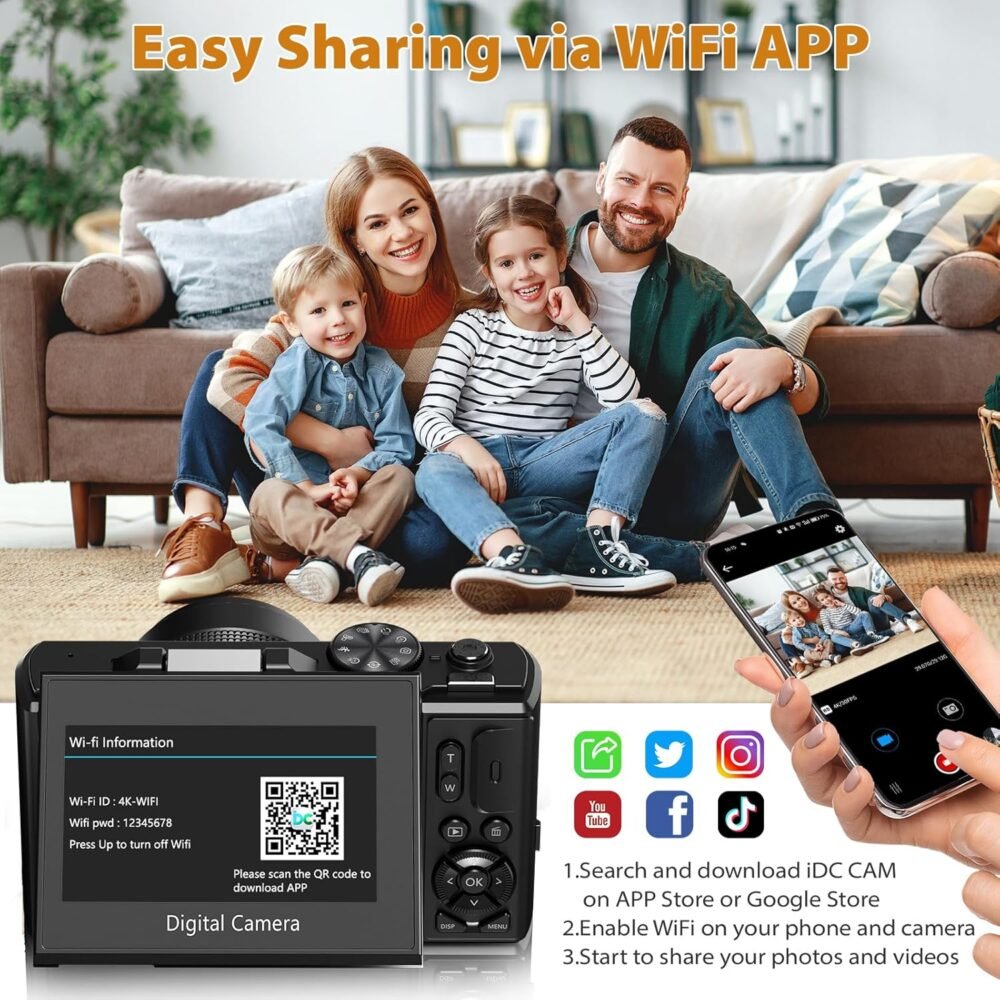 Cameras for Photography, 4K 64MP Digital Vlogging Camera for YouTube with 3" 180° Flip Screen, Compact WiFi Camera with 18X Digital Zoom, 32GB Micro SD Card & 2 Batteries - Image 8