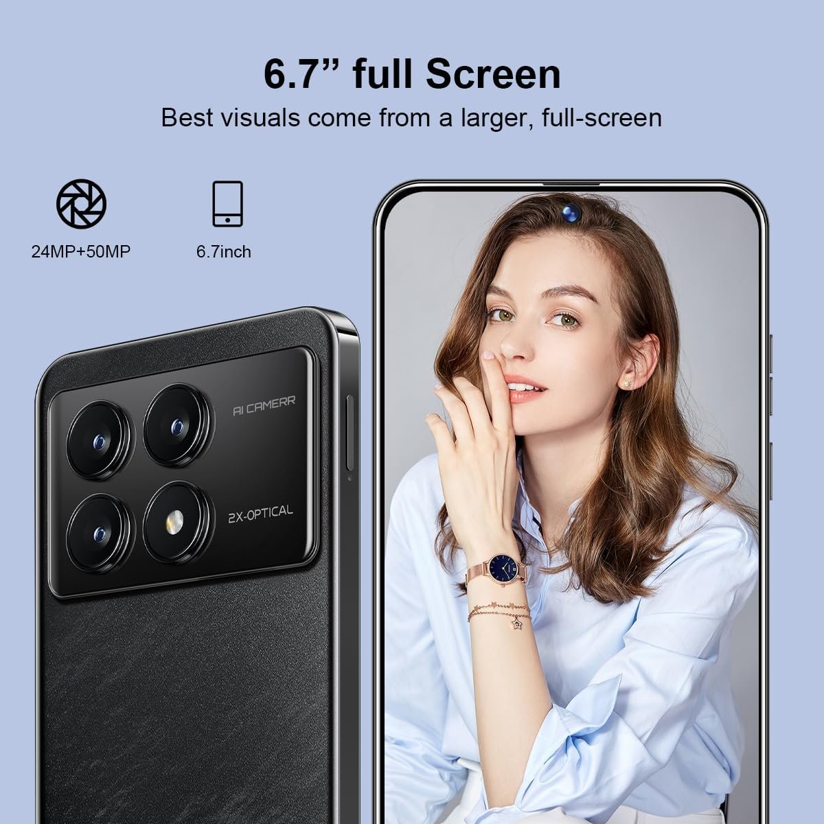 K70 Unlocked Cell Phones 5G 2024 Android 13 Android Phones 8GB+256GB/8-Core Mobile Phones 6.7" HD Screen 24MP+50MP Camera 6200mAh Battery Standby 5G Dual SIM Smartphones(Black) - Image 6