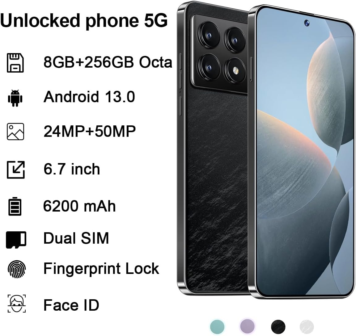 K70 Unlocked Cell Phones 5G 2024 Android 13 Android Phones 8GB+256GB/8-Core Mobile Phones 6.7" HD Screen 24MP+50MP Camera 6200mAh Battery Standby 5G Dual SIM Smartphones(Black) - Image 8