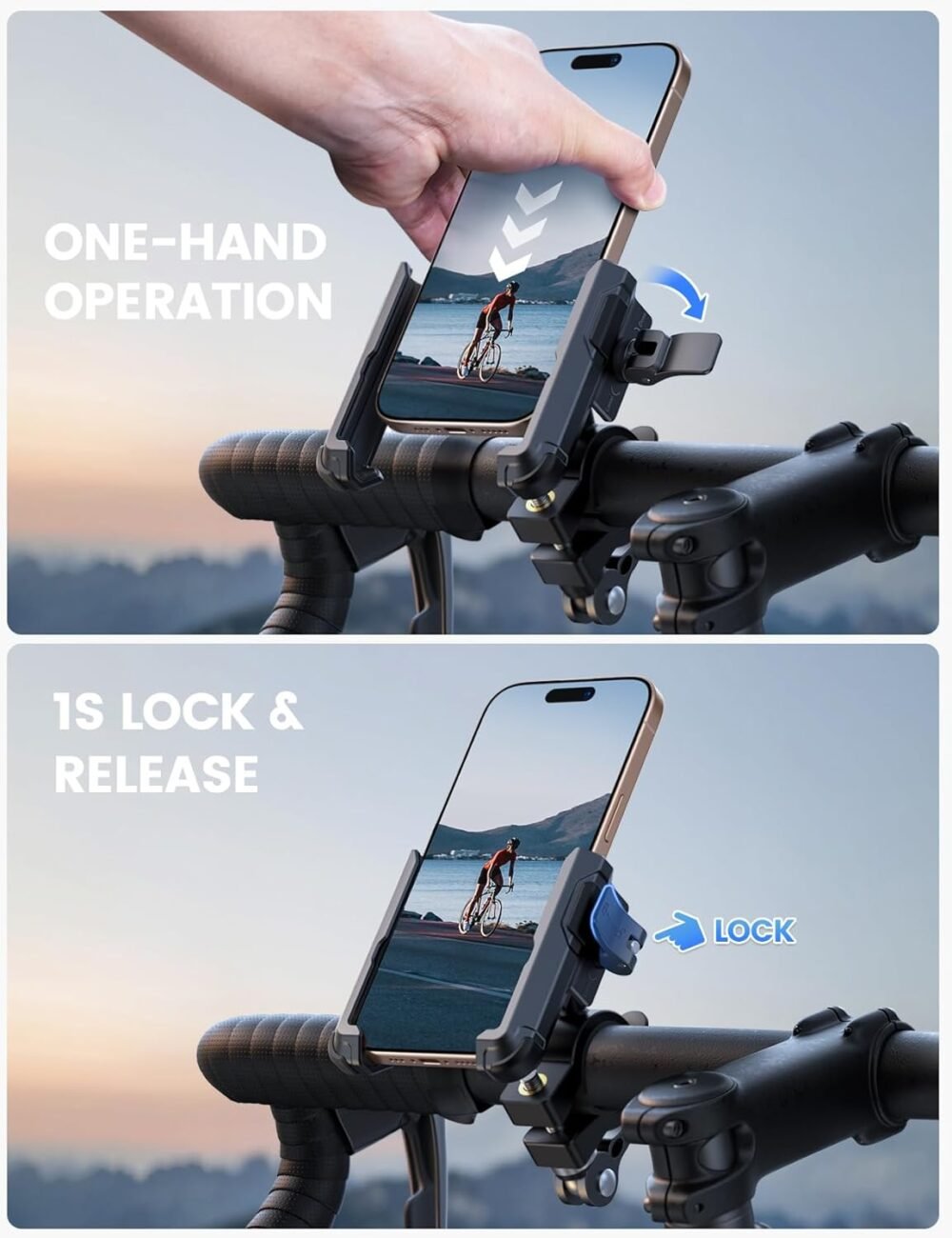 Lamicall Motorcycle Bike Phone Mount - [No Block Camera] [1s Lock] Bike Cell Phone Holder Clamp, Bicycle Scooter Handlebar Clip, for iPhone 16 15 14 Pro Max, Galaxy S25 S24 Ultra, 4.7-7" Phones - Image 4