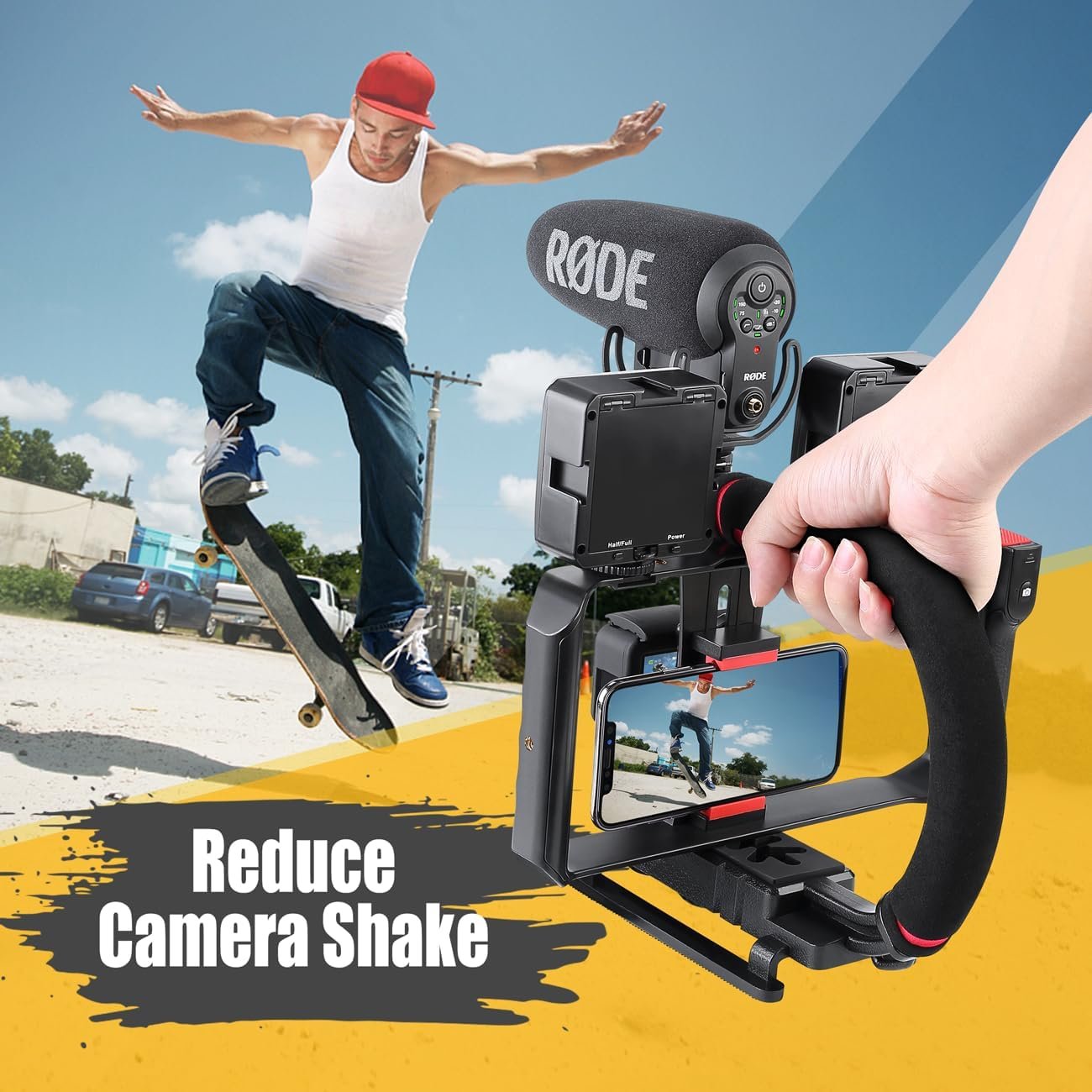 Zeadio Camera Handheld Stabilizer with Smartphone Video Cage Rig, Triple Cold-Shoe Handle Grip Compatible with All Camera Action Camera DSLR Smartphone - Image 3