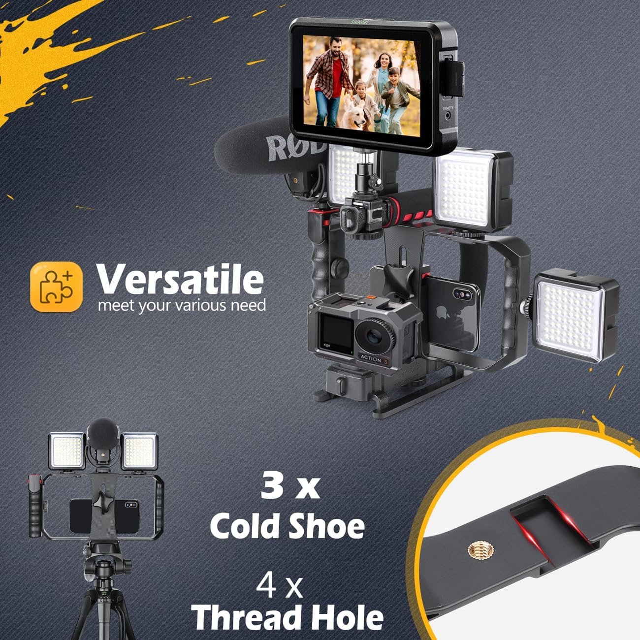 Zeadio Camera Handheld Stabilizer with Smartphone Video Cage Rig, Triple Cold-Shoe Handle Grip Compatible with All Camera Action Camera DSLR Smartphone - Image 6