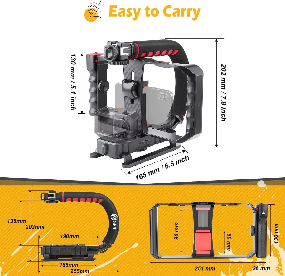 Zeadio Camera Handheld Stabilizer with Smartphone Video Cage Rig, Triple Cold-Shoe Handle Grip Compatible with All Camera Action Camera DSLR Smartphone - Image 8