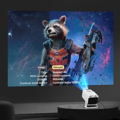 Smart Mini Projector with WiFi and Bluetooth,4k Portable Projector, 180° Rotating Adjustment with Android, Home Videoprojector with Auto Keystone Correction , White - Image 3