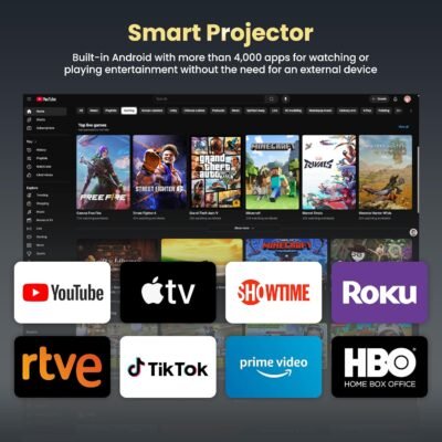 Smart Mini Projector with WiFi and Bluetooth,4k Portable Projector, 180° Rotating Adjustment with Android, Home Videoprojector with Auto Keystone Correction , White - Image 7
