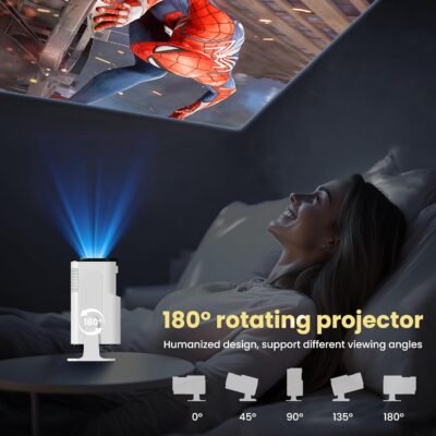 Smart Mini Projector with WiFi and Bluetooth,4k Portable Projector, 180° Rotating Adjustment with Android, Home Videoprojector with Auto Keystone Correction , White - Image 8