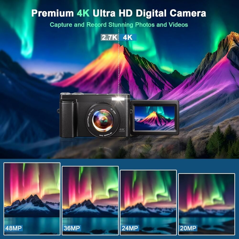 4K Digital Camera for Photography, 48MP Auto-Focus Vlogging Camera for YouTube, 16X Digital Zoom/ 3" 180° Flip Screen/Anti Shake/Flash with SD Card, Compact HD Camera (2 Batteries & Battery Charger) - Image 3