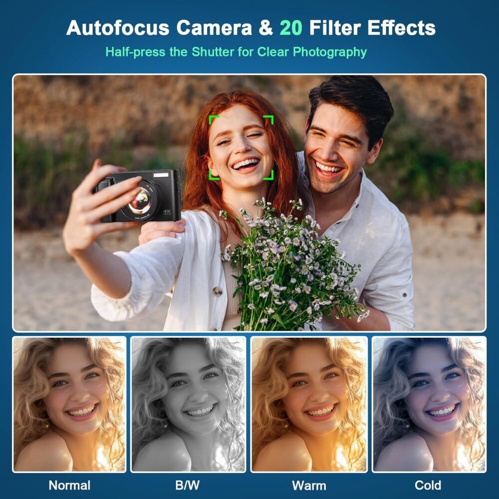 4K Digital Camera for Photography, 48MP Auto-Focus Vlogging Camera for YouTube, 16X Digital Zoom/ 3" 180° Flip Screen/Anti Shake/Flash with SD Card, Compact HD Camera (2 Batteries & Battery Charger) - Image 4