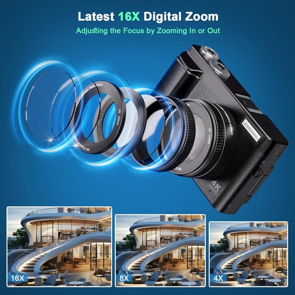 4K Digital Camera for Photography, 48MP Auto-Focus Vlogging Camera for YouTube, 16X Digital Zoom/ 3" 180° Flip Screen/Anti Shake/Flash with SD Card, Compact HD Camera (2 Batteries & Battery Charger) - Image 5