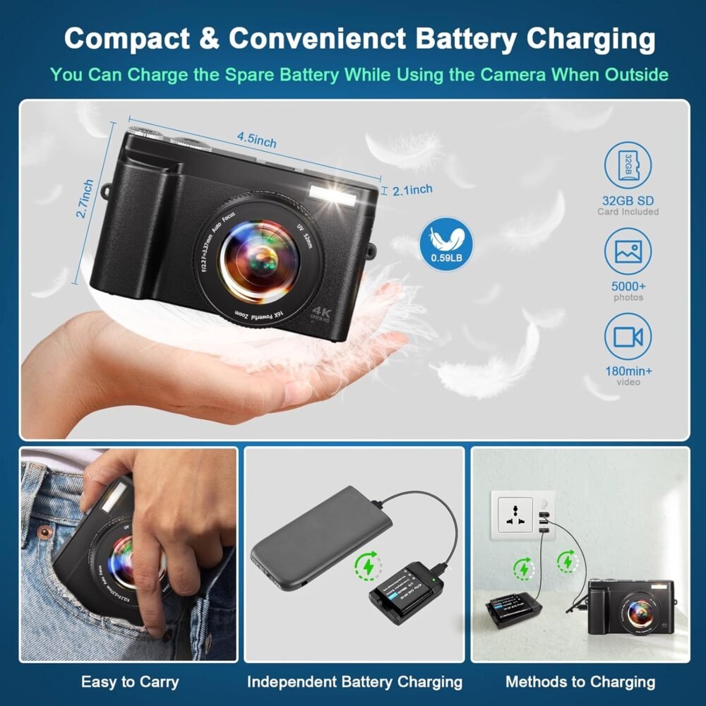 4K Digital Camera for Photography, 48MP Auto-Focus Vlogging Camera for YouTube, 16X Digital Zoom/ 3" 180° Flip Screen/Anti Shake/Flash with SD Card, Compact HD Camera (2 Batteries & Battery Charger) - Image 6
