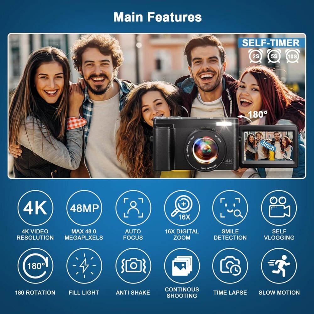4K Digital Camera for Photography, 48MP Auto-Focus Vlogging Camera for YouTube, 16X Digital Zoom/ 3" 180° Flip Screen/Anti Shake/Flash with SD Card, Compact HD Camera (2 Batteries & Battery Charger) - Image 7