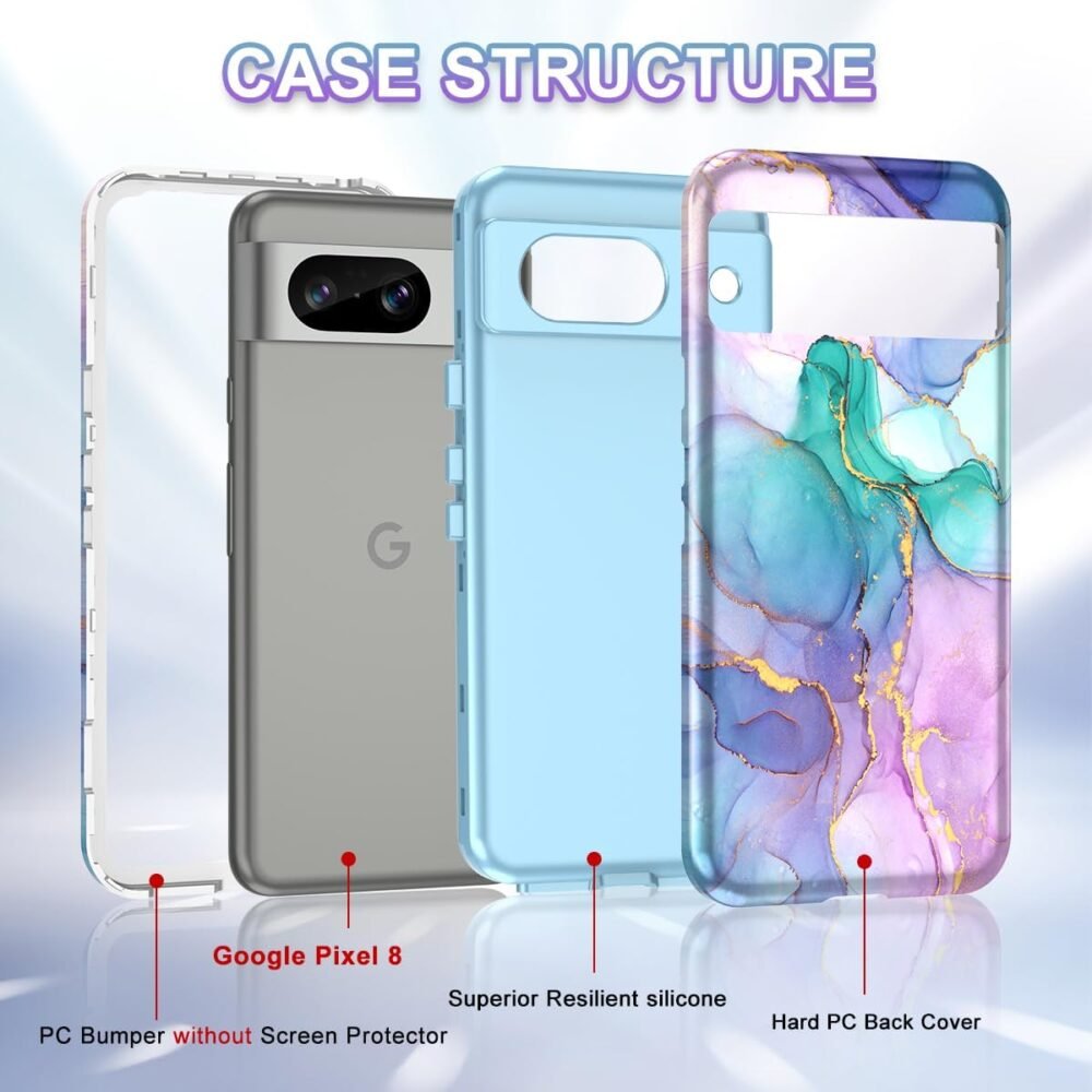Btscase for Google Pixel 8 Case (2023), Marble Pattern 3 in 1 Heavy Duty Shockproof Full Body Rugged Hard PC+Soft Silicone Drop Protective Women Girl Cover for Google Pixel 8, Blue Pink - Image 3