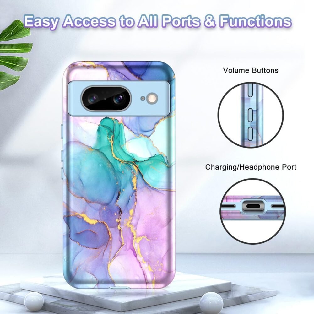 Btscase for Google Pixel 8 Case (2023), Marble Pattern 3 in 1 Heavy Duty Shockproof Full Body Rugged Hard PC+Soft Silicone Drop Protective Women Girl Cover for Google Pixel 8, Blue Pink - Image 8