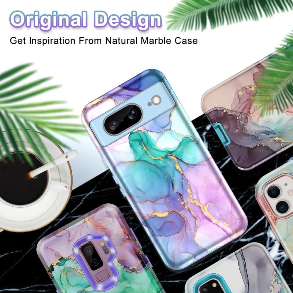 Btscase for Google Pixel 8 Case (2023), Marble Pattern 3 in 1 Heavy Duty Shockproof Full Body Rugged Hard PC+Soft Silicone Drop Protective Women Girl Cover for Google Pixel 8, Blue Pink - Image 9
