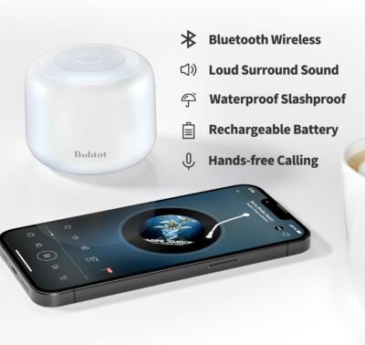 Bobtot Portable Bluetooth Speakers with Strap Easy to Carry, Wireless IPX5 Waterproof Mini Speaker with Loud Stereo Sound, 20 Hours Playtime, Rechargeable Battery, Built-in Microphone, White - Image 3