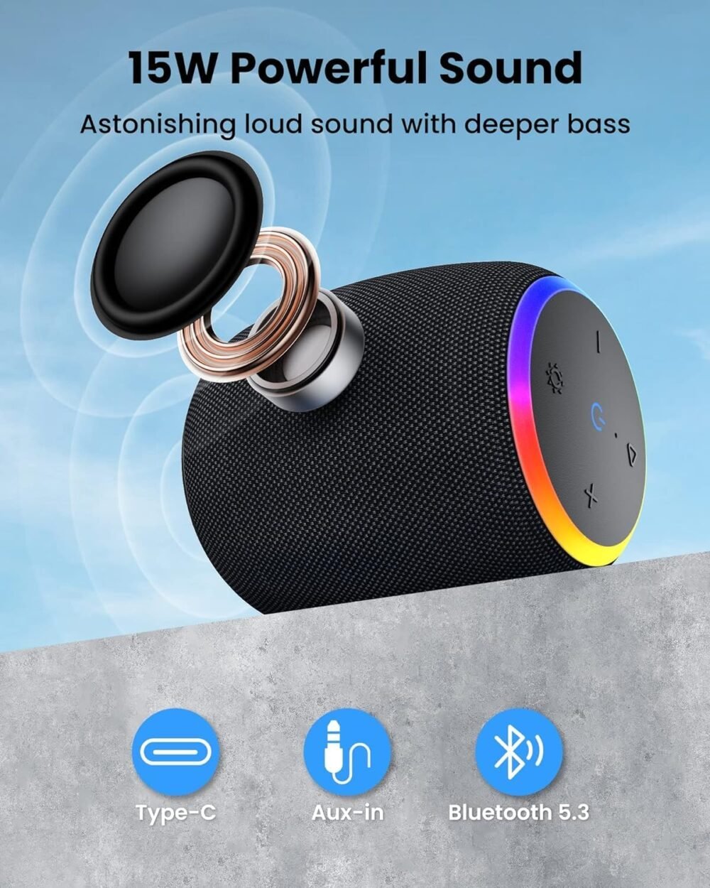 Bluetooth Speaker, Portable Wireless Bluetooth 5.3 with IPX6 Waterproof Shower Speakers, 15W Stereo with TWS Pairing, LED Lights, 12H Playtime for Home Outdoor Party Beach, Electronic Gift - Image 4
