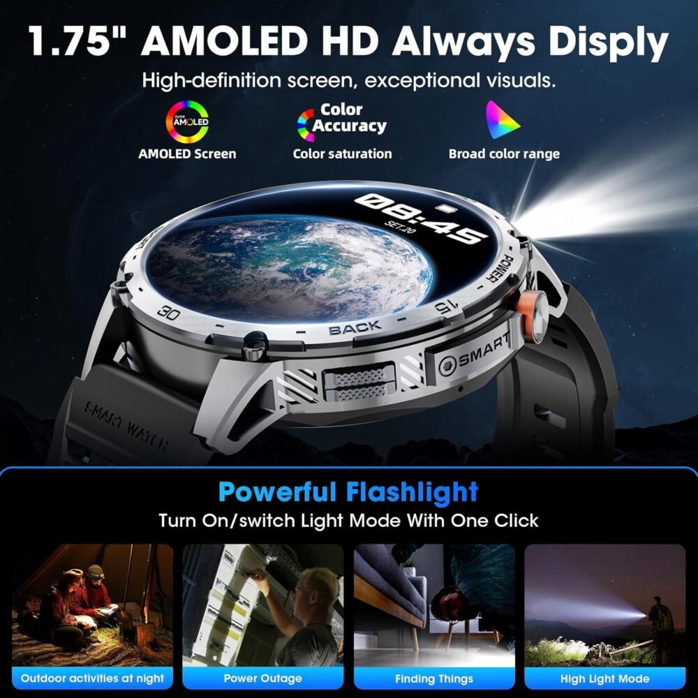 Military Smart Watch for Men 1.75" HD AMOLED Display 730mAh Battery Smart Watches with LED Flashlight for Android iOS（Bluetooth Call Answer/Dial Calls） Fitness Tracker with Heart Rate - Image 3