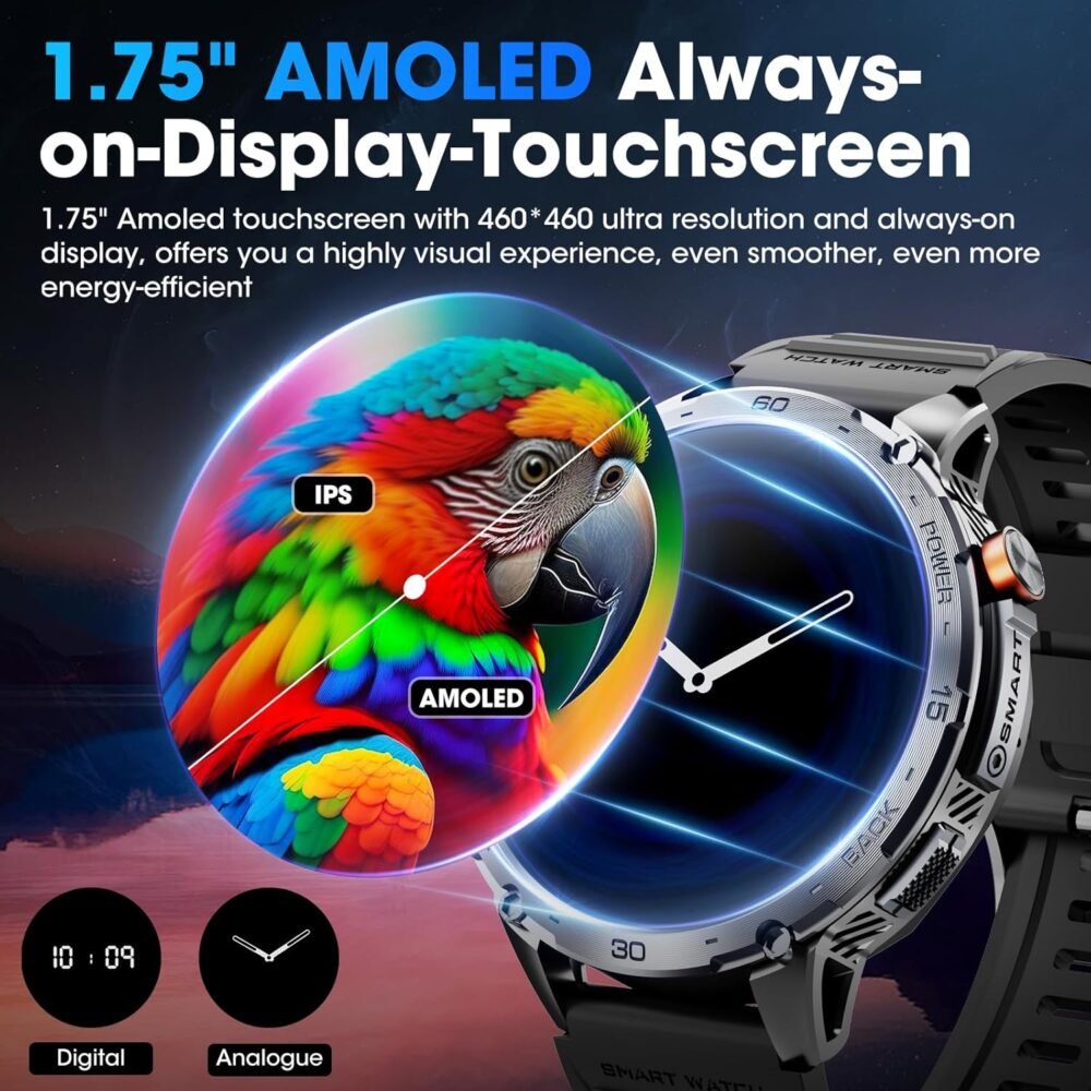 Military Smart Watch for Men 1.75" HD AMOLED Display 730mAh Battery Smart Watches with LED Flashlight for Android iOS（Bluetooth Call Answer/Dial Calls） Fitness Tracker with Heart Rate - Image 4