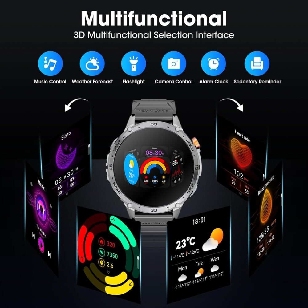 Military Smart Watch for Men 1.75" HD AMOLED Display 730mAh Battery Smart Watches with LED Flashlight for Android iOS（Bluetooth Call Answer/Dial Calls） Fitness Tracker with Heart Rate - Image 5