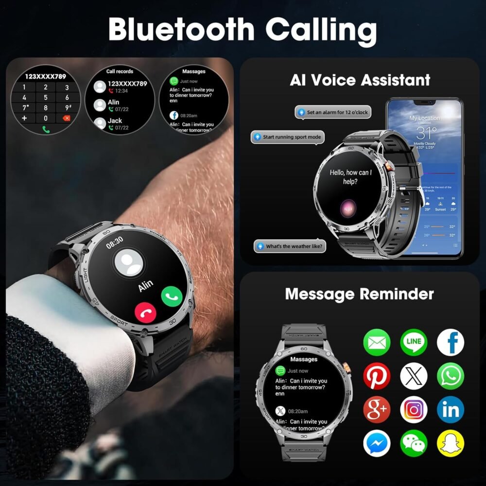 Military Smart Watch for Men 1.75" HD AMOLED Display 730mAh Battery Smart Watches with LED Flashlight for Android iOS（Bluetooth Call Answer/Dial Calls） Fitness Tracker with Heart Rate - Image 8