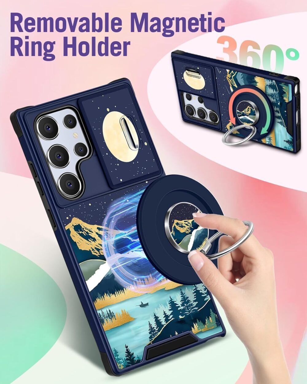 【2in1 for Samsung Galaxy S24 Ultra Case Women Cute Girls Phone Cover Girly Aesthetic Mountain Unique Design Camera Cover Compatible with MagSafe Ring Holder Stand Funda for S24 Ultra - Image 6