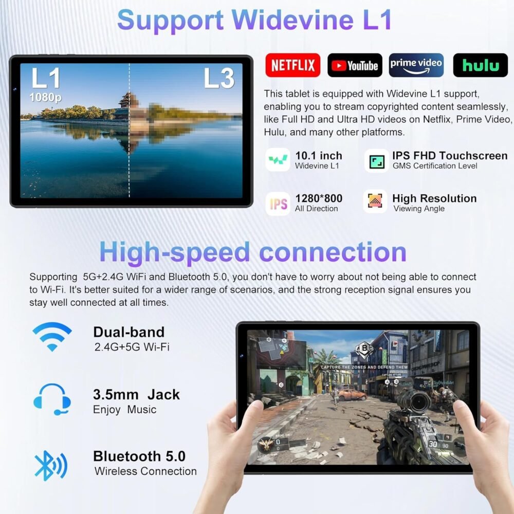 2025 Android 14 Tablet, 10 inch Tablets 22GB+128GB +1TB Expand, 8000mAh Octa-Core Tablet w/ Drop-proof Case, HD IPS Display, GPS, 5G WIFI, Split Screen,Widevine L1, for Adults and Kids -Metal Black - Image 3