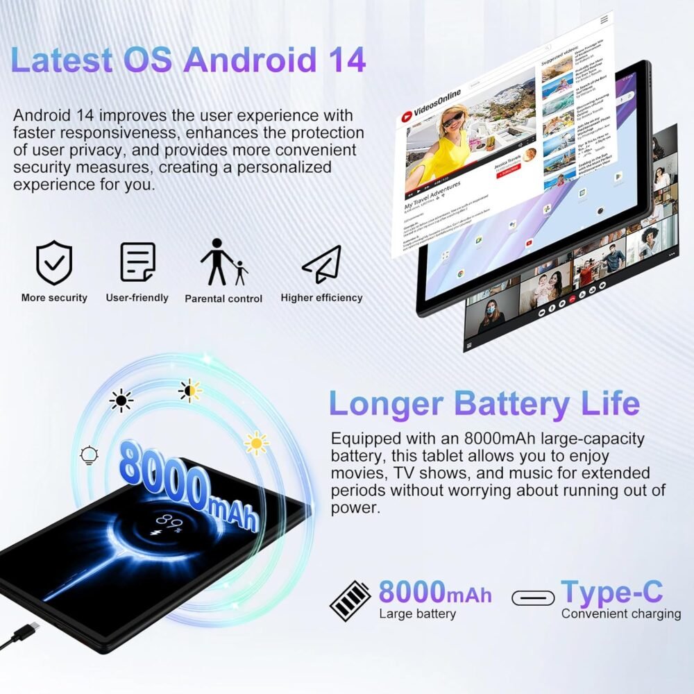2025 Android 14 Tablet, 10 inch Tablets 22GB+128GB +1TB Expand, 8000mAh Octa-Core Tablet w/ Drop-proof Case, HD IPS Display, GPS, 5G WIFI, Split Screen,Widevine L1, for Adults and Kids -Metal Black - Image 6