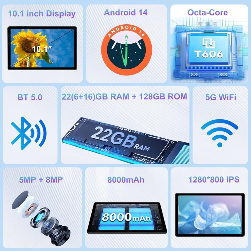 2025 Android 14 Tablet, 10 inch Tablets 22GB+128GB +1TB Expand, 8000mAh Octa-Core Tablet w/ Drop-proof Case, HD IPS Display, GPS, 5G WIFI, Split Screen,Widevine L1, for Adults and Kids -Metal Black - Image 7