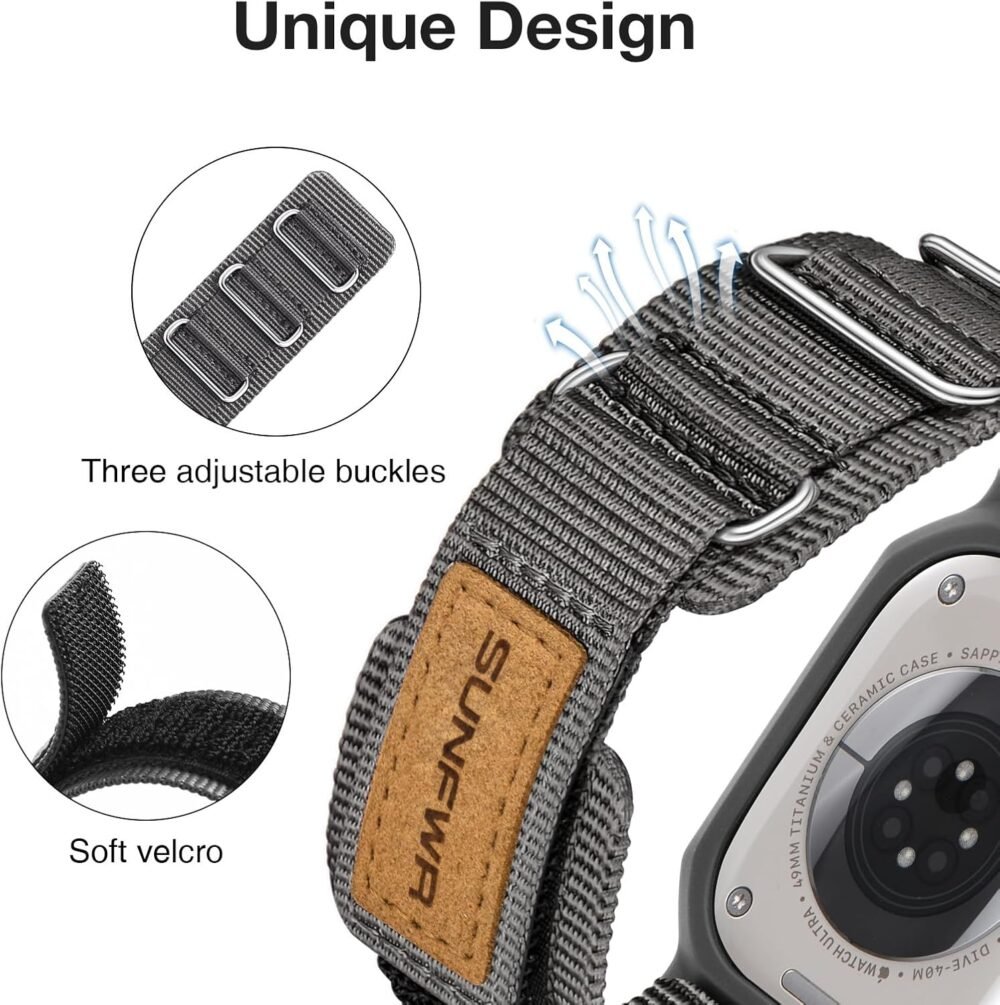 SUNFWR Bands Compatible with Apple Watch 49mm Ultra/Ultra 2 with Case,Rugged Nylon Sport Apple Watch Strap with Protective Cover for iwatch for Men(Grey) - Image 4