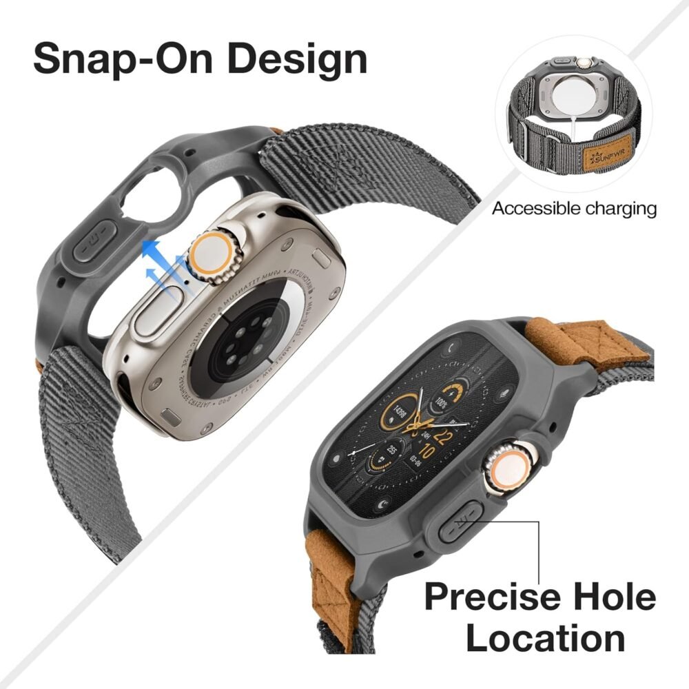 SUNFWR Bands Compatible with Apple Watch 49mm Ultra/Ultra 2 with Case,Rugged Nylon Sport Apple Watch Strap with Protective Cover for iwatch for Men(Grey) - Image 5