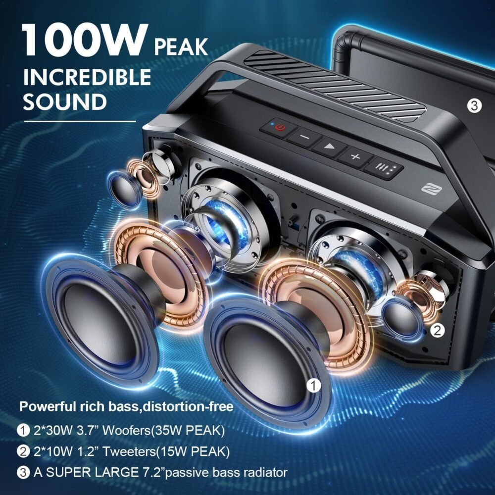 W-KING Portable Speakers Bluetooth Wireless Loud, 100W Max Waterproof Outdoor Bluetooth Speaker Big Party Large Boombox Subwoofer*2, 60W Exlarge All-Round Bass Passive Radiator/40H/PowerBank/TF/AUX/EQ - Image 3