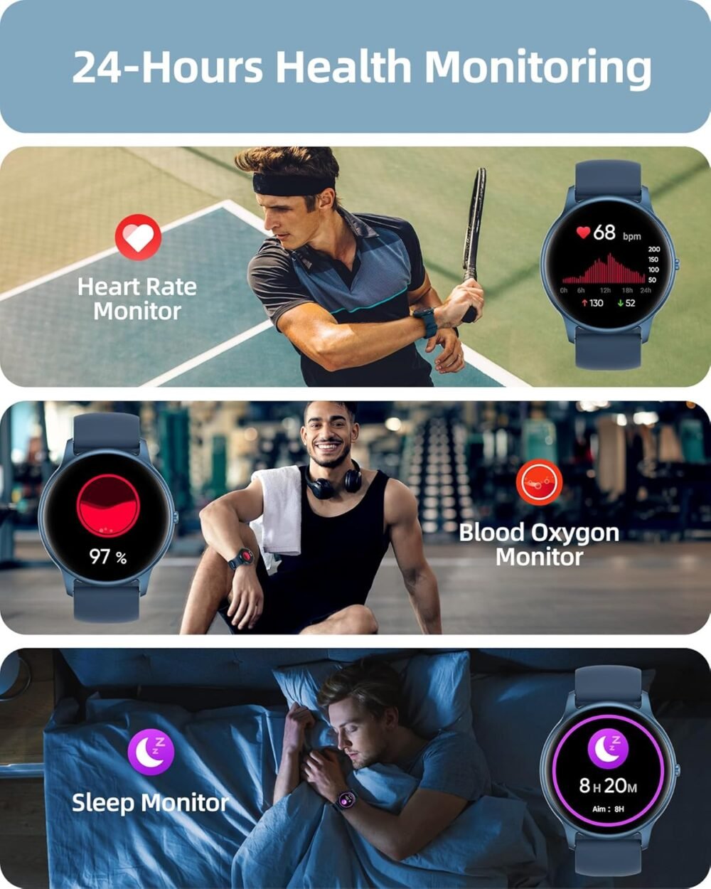 Parsonver Smart Watch for Men Women(Answer/Make Calls), Smartwatch for iOS Android Phones, Fitness Tracker with Heart Rate/SpO2/Sleep/Stress Monitor, Pedometer, IP68 Waterproof 100+ Sports Modes, Blue - Image 4