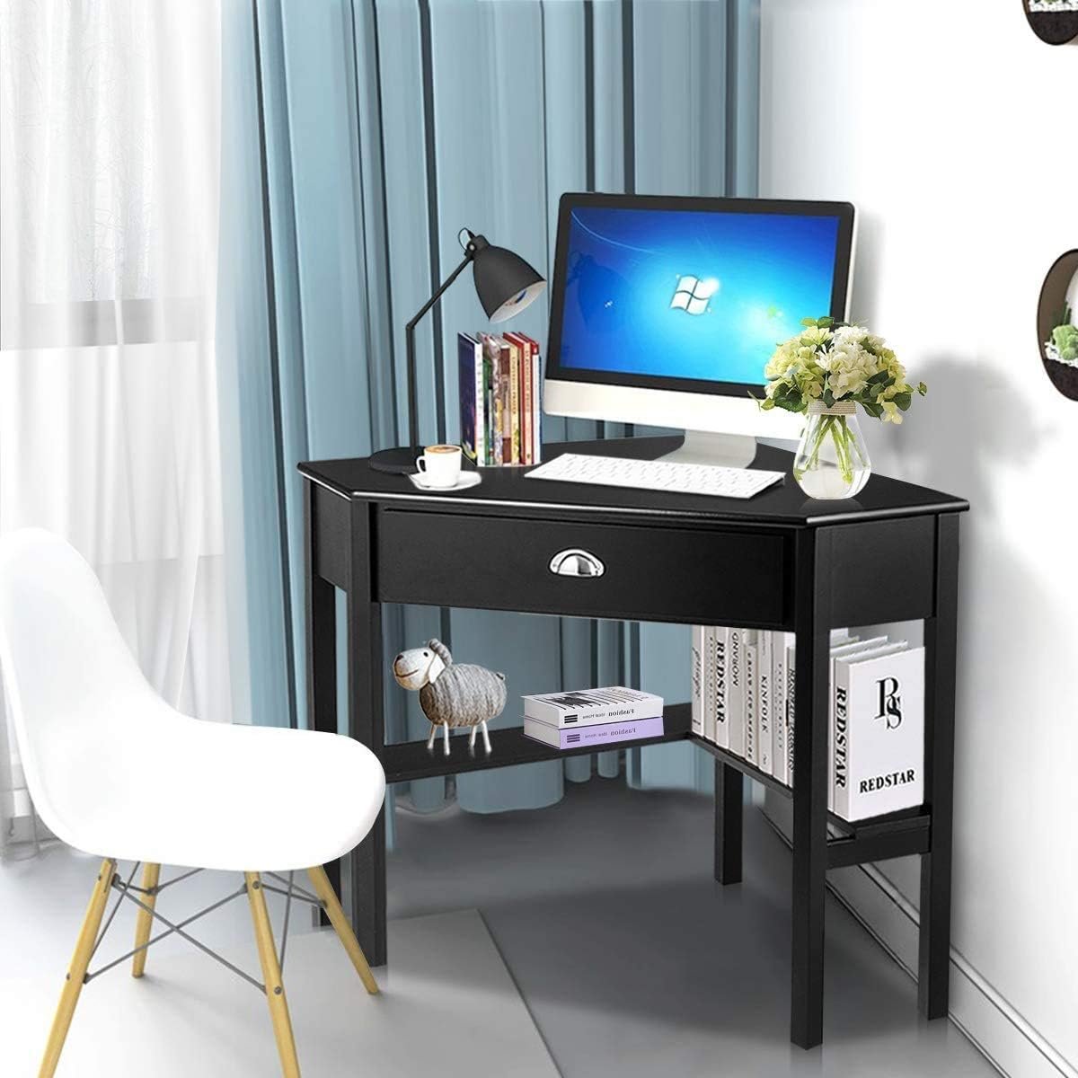 Nightcore Corner Desk for Small Space, Wood Corner Computer Desk, Compact Writing Table w/Drawer & Storage Shelves, Space Saving Study Workstation, Laptop PC Corner Table for Home Office - Image 3