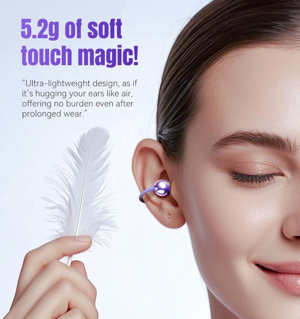 King Lucky Clip on Earbuds Open Ear Wireless Bluetooth 5.4 Headphones with Mic,50H Play,Noise Cancelling,Waterproof,Sports Ear Buds,Comfortable for Small Ears & Glasses Wearers,Workouts (Purple) - Image 4