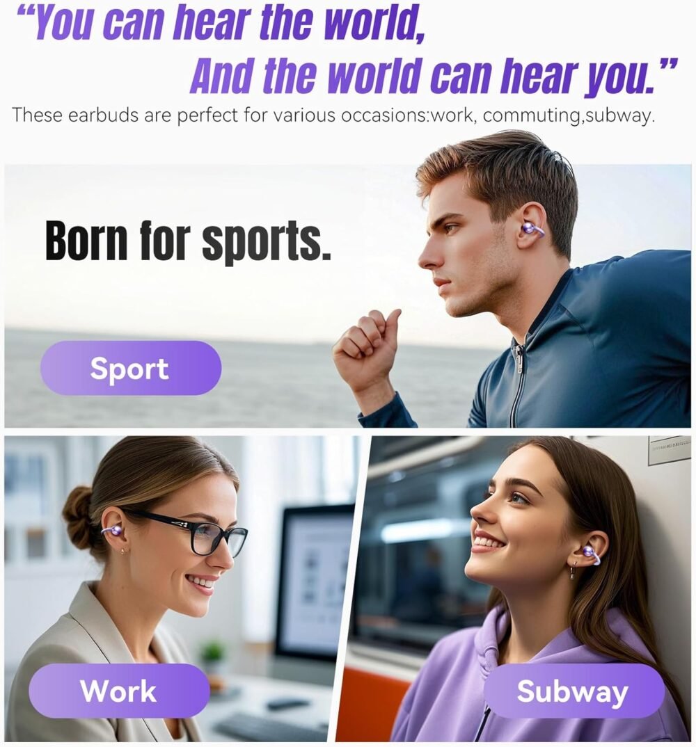 King Lucky Clip on Earbuds Open Ear Wireless Bluetooth 5.4 Headphones with Mic,50H Play,Noise Cancelling,Waterproof,Sports Ear Buds,Comfortable for Small Ears & Glasses Wearers,Workouts (Purple) - Image 6