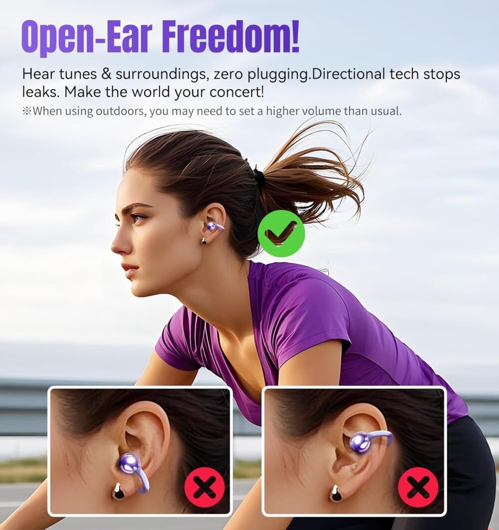 King Lucky Clip on Earbuds Open Ear Wireless Bluetooth 5.4 Headphones with Mic,50H Play,Noise Cancelling,Waterproof,Sports Ear Buds,Comfortable for Small Ears & Glasses Wearers,Workouts (Purple) - Image 7