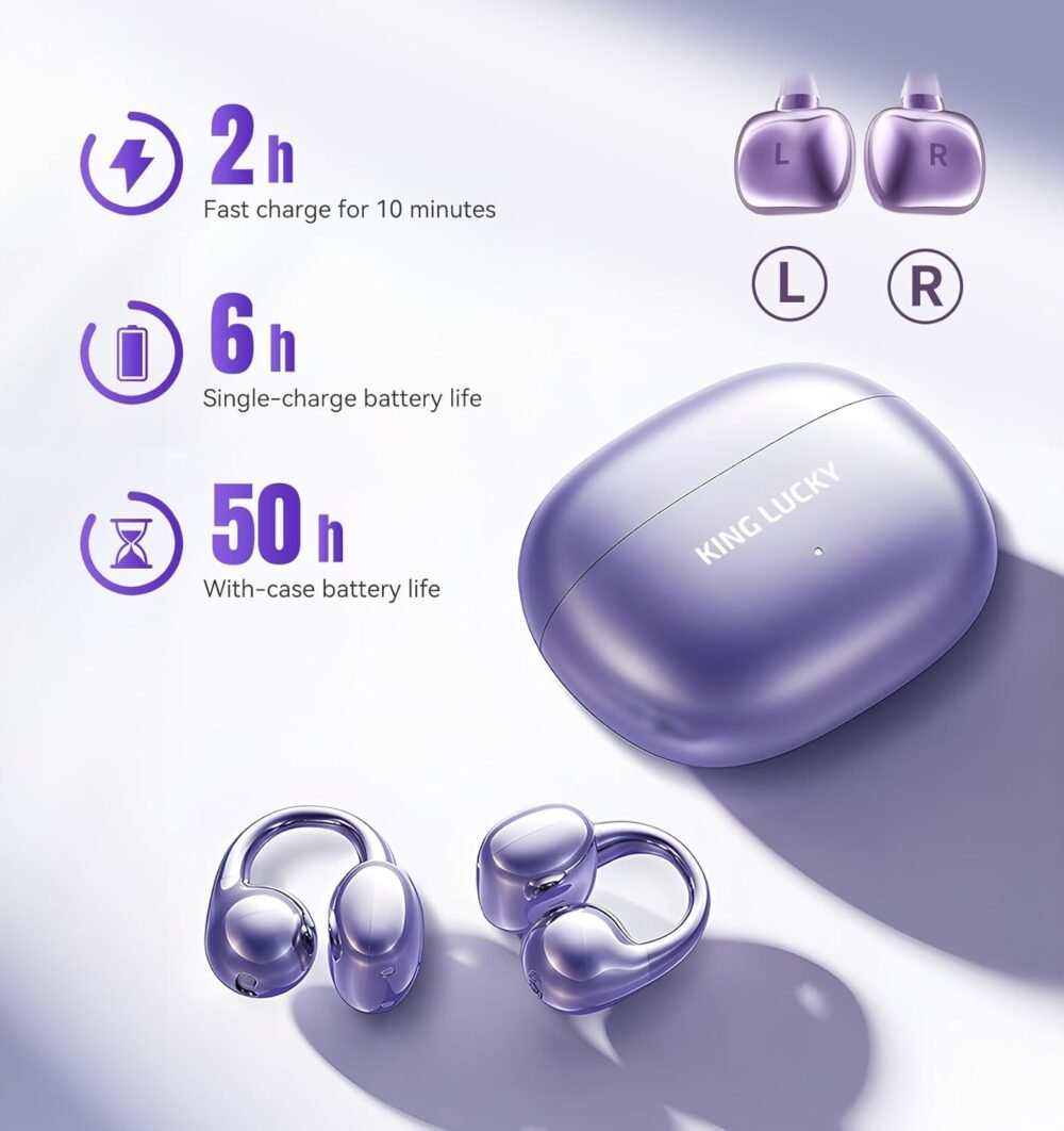 King Lucky Clip on Earbuds Open Ear Wireless Bluetooth 5.4 Headphones with Mic,50H Play,Noise Cancelling,Waterproof,Sports Ear Buds,Comfortable for Small Ears & Glasses Wearers,Workouts (Purple) - Image 8