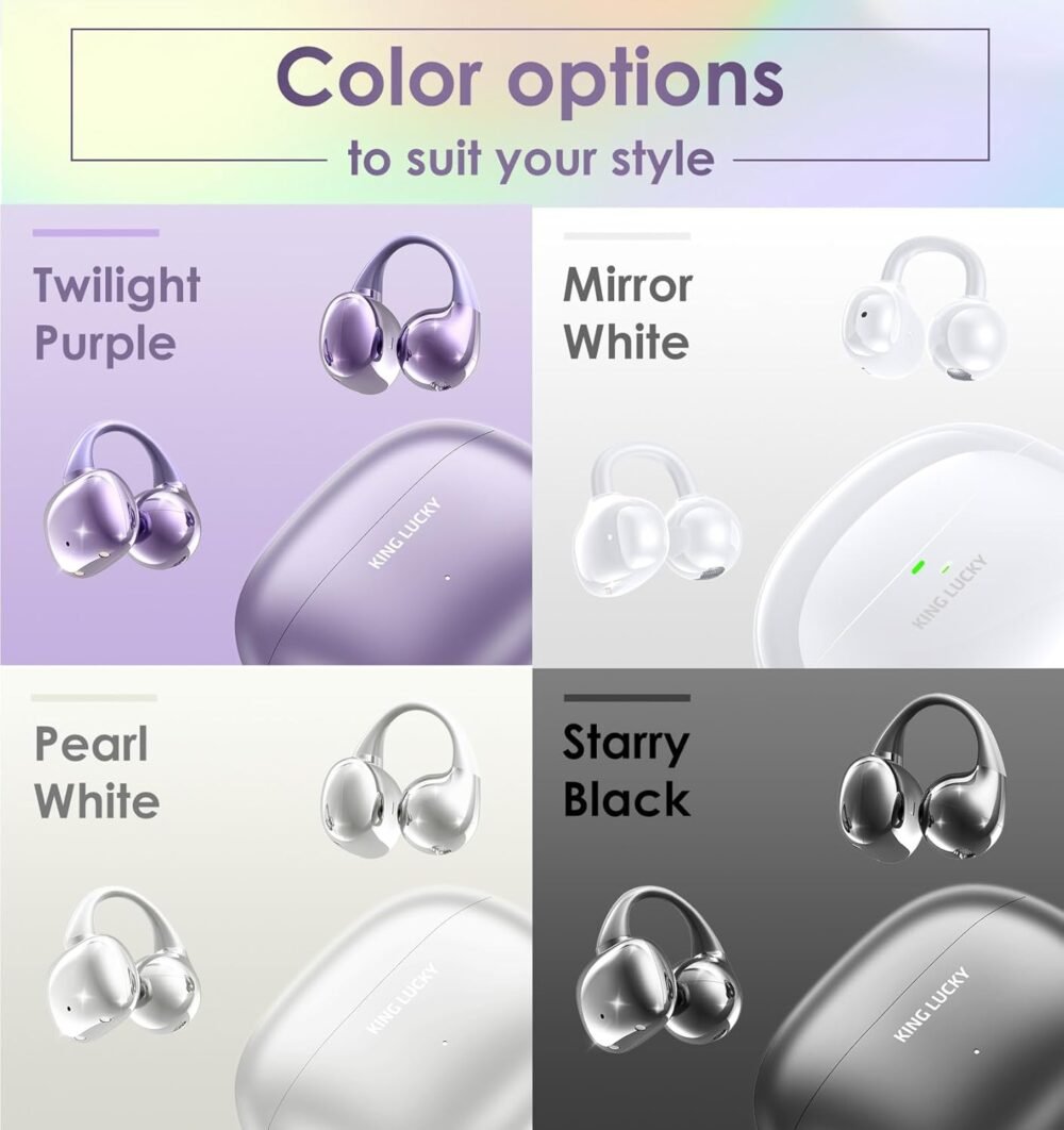 King Lucky Clip on Earbuds Open Ear Wireless Bluetooth 5.4 Headphones with Mic,50H Play,Noise Cancelling,Waterproof,Sports Ear Buds,Comfortable for Small Ears & Glasses Wearers,Workouts (Purple) - Image 9