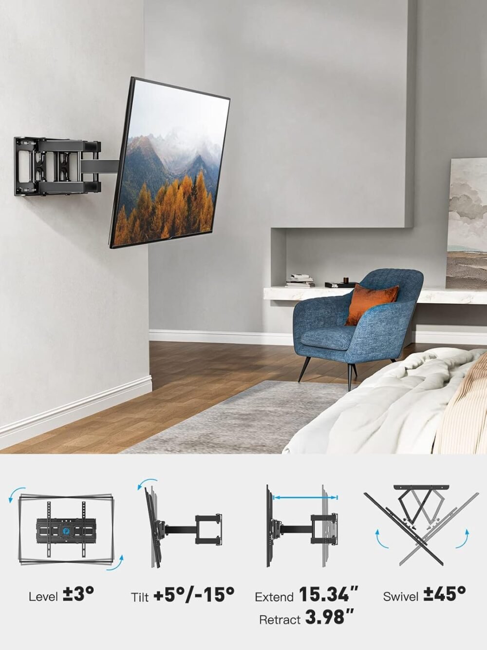 Pipishell TV Wall Mount for 26-65 inch LED LCD OLED 4K TVs up to 99lbs, Full Motion TV Mount Bracket Articulating Swivel Extension Tilting Leveling Max VESA 400x400mm, Fits 12/16 Inch Wood Studs - Image 7