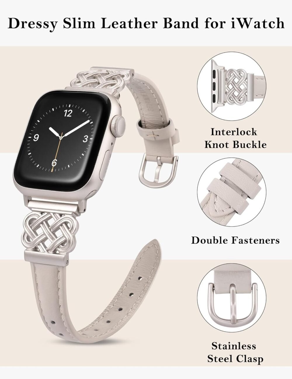 TOYOUTHS Leather Band Compatible with Apple Watch Bands Women 38/40/41/42mm Dressy Slim Thin Leather Strap with Designer Interlock Buckle Bracelet for iWatch Series 10/9/SE/8/7/6/5/4/3/2/1, Starlight - Image 3