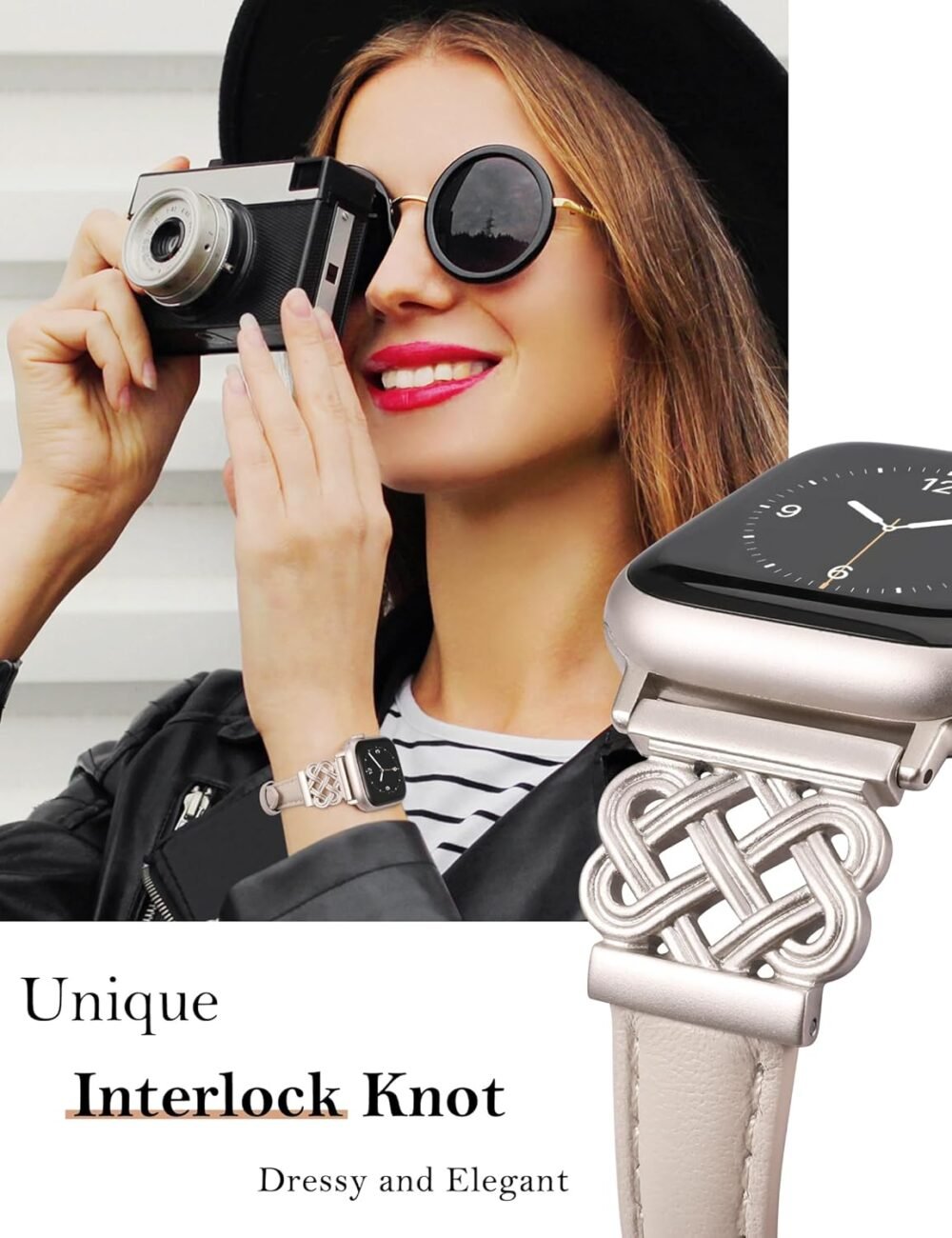 TOYOUTHS Leather Band Compatible with Apple Watch Bands Women 38/40/41/42mm Dressy Slim Thin Leather Strap with Designer Interlock Buckle Bracelet for iWatch Series 10/9/SE/8/7/6/5/4/3/2/1, Starlight - Image 4