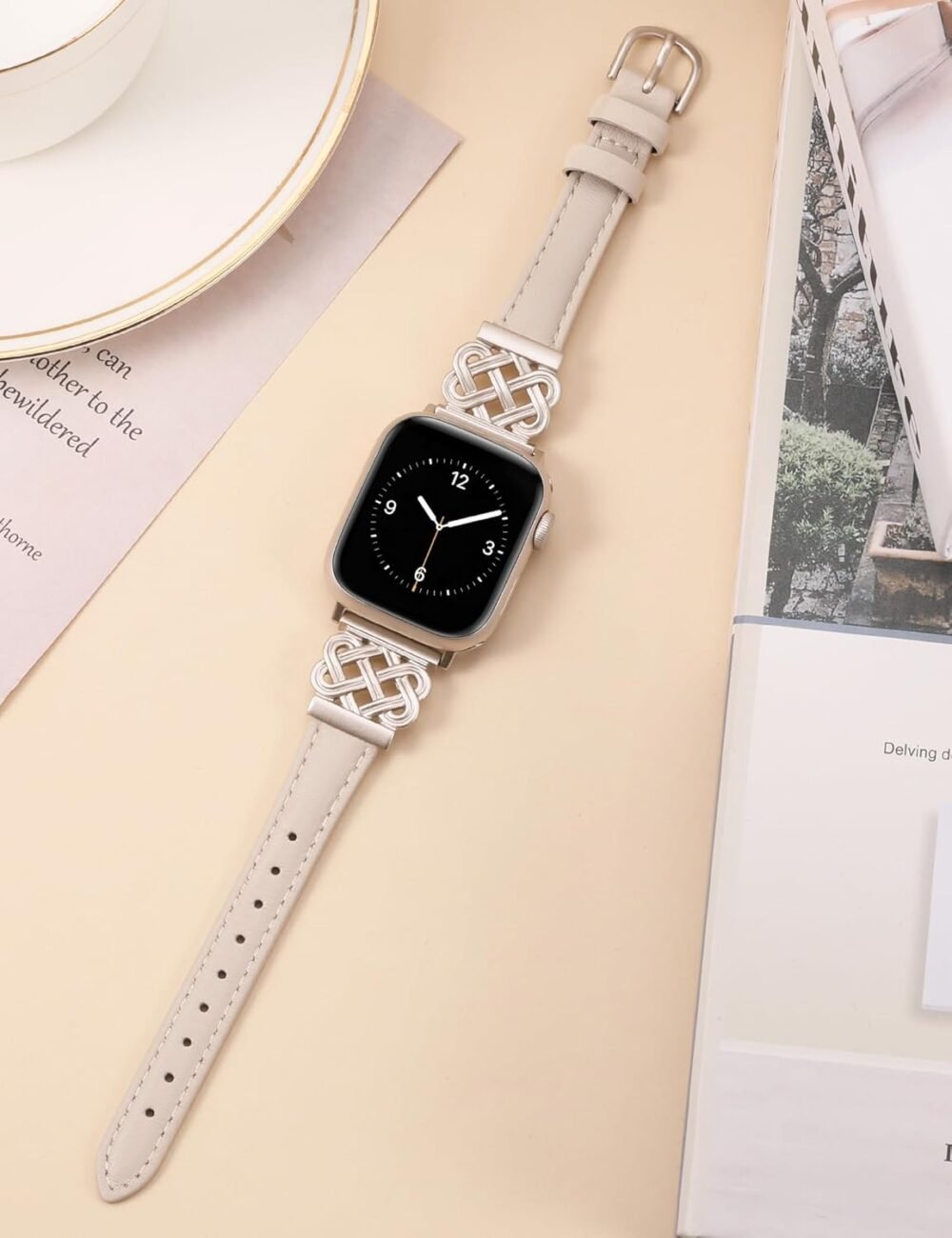 TOYOUTHS Leather Band Compatible with Apple Watch Bands Women 38/40/41/42mm Dressy Slim Thin Leather Strap with Designer Interlock Buckle Bracelet for iWatch Series 10/9/SE/8/7/6/5/4/3/2/1, Starlight - Image 5