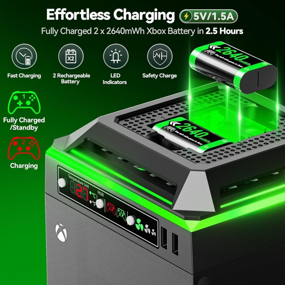 Cooling Fan for Xbox Series X Console, Charger Station with 2 x 2640 mWh Rechargeable Battery Packs for Xbox Series/One-X/S/Elite Controller, Xbox Series X Fan with 3 Gear, TEMP Display - Image 4