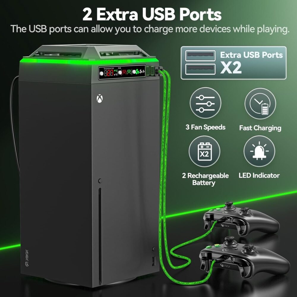 Cooling Fan for Xbox Series X Console, Charger Station with 2 x 2640 mWh Rechargeable Battery Packs for Xbox Series/One-X/S/Elite Controller, Xbox Series X Fan with 3 Gear, TEMP Display - Image 7